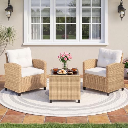 Image of Tangkula 3 Pieces Patio Furniture Set, PE Rattan Wicker 3 Pcs Outdoor Sofa Set w /Washable Cushion and Tempered Glass Tabletop, Conversation Furniture for Garden Poolside Balcony (Light Brown -White)