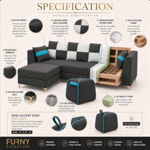 Image of FURNY Signature Cresta 5-Seater L-Shape Sofa Set with Movable Ottoman & Suri Pouf | Flexible LHS /RHS Layout | Boston Fabric | 40D Foam + Zigzag Spring | 3-Yr Warranty (Ash Grey - Light Grey)