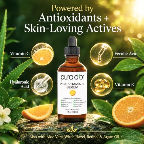 PURA D'OR 20% Vitamin C Facial Serum 4 Oz Antioxidant Anti-Aging Blend w/Retinol, Hyaluronic Acid, Ferulic Acid - Hydrating Lightweight Ayurvedic Skin Care - Men Women Daily Use - Image 5