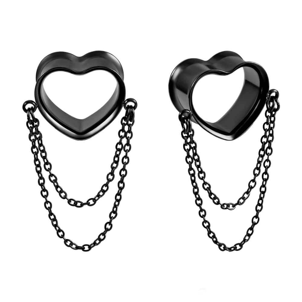VankulaDangle Ear Tunnels Flesh Plugs Stretcher Double Flared Gauges Heart with Chain Stainless Steel Ears Piercing Jewelry for Men Women 8mm to 25mm