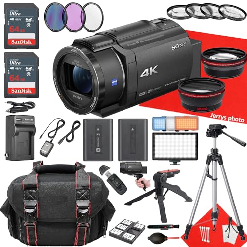 Sony FDR-AX43 UHD 4K Handycam Camcorder + 2PC 64 GB Memory + Extra Battery + LED Light + Filters + Tripod + More (27pc Bundle), Black (Renewed)
