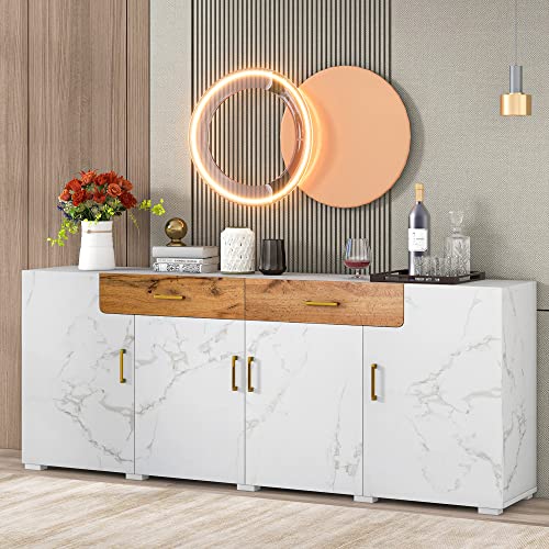 Rtopsu Mobile Contenitore Credenza, Madia Mobile da Cucina con 4 Ante e 2 Cassetti, Mobile Dispensa Cucina Buffet per Soggiorno Sala da Pranzo, 208x39,5x80 cm, Bianco
