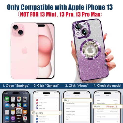 Image of Misscase for iPhone 13 Magnetic Glitter Case Compatible with MagSafe,Full Protection Slim Shockproof Anti-Scratch Case with Camera Lens Protector Logo View Dust-Proof Net for Women Purple