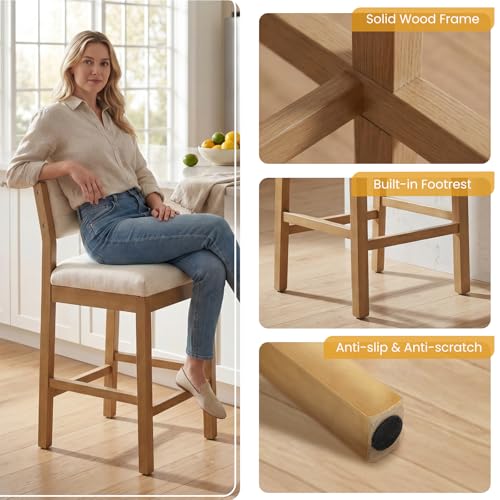 Image of RIVOVA 26 inch Bar Stools Set of 2 Counter Height Bar Stools for Kitchen Counter, Modern Upholstered Barstools with Back and Wood Legs Linen Stools Farmhouse Island Chairs, Beige