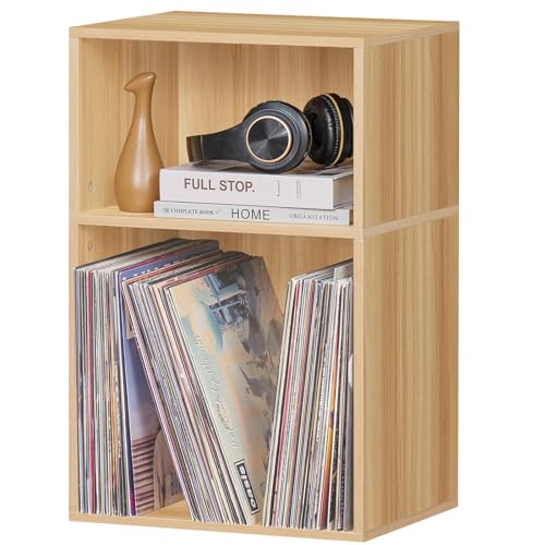 LEYAOYAO 2 Cube Bookshelf,Natural Record Player Stand Holds up to 100 Albums, Mini Wood Book Shelf Storage Organizer,Turntable Stand with Vinyl Storage Cabinet, Narrow Open Bookcase for Small Spaces