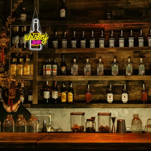 Image of Whiskey Bar Neon Sign for Wine Decor Neon Beer Signs for Party Decor LED Wine Bottle Light Up Bar Pub Lounge Man Cave Wall Art Alcohol Gifts for Beer Lover Bartender