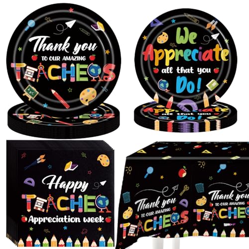 Dreasmt Teacher Appreciation Week Paper Plates Set for 24 Guests Thank You Teachers Tableware Plates Napkins Set We Appreciate You Teacher Dinnerware Table Decorations