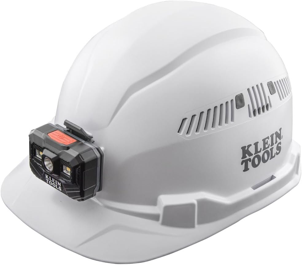 Klein Tools 60113RL Hard Hat, Rechargeable Headlamp, Vented, Cap Style, Padded Self-Wicking Odor-Resistant Sweatband, White