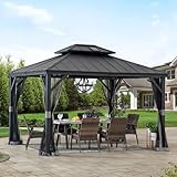 Sunjoy 10’ x12’ Hardtop Gazebo, Outdoor Patio Aluminum Frame Gazebo with Solar Panel, 2-Tier Steel Hardtop Backyard Pergola with Netting and Ceiling Hook (10x12ft-update)