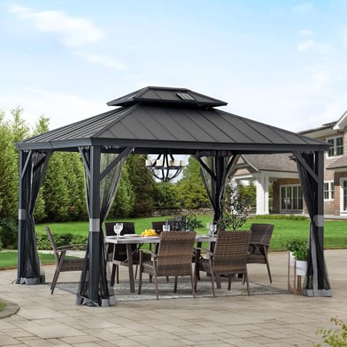 Sunjoy 10’ x12’ Hardtop Gazebo, Outdoor Patio Aluminum Frame Gazebo with Solar Panel, 2-Tier Steel Hardtop Backyard Pergola with Netting and Ceiling Hook (10x12ft-update)