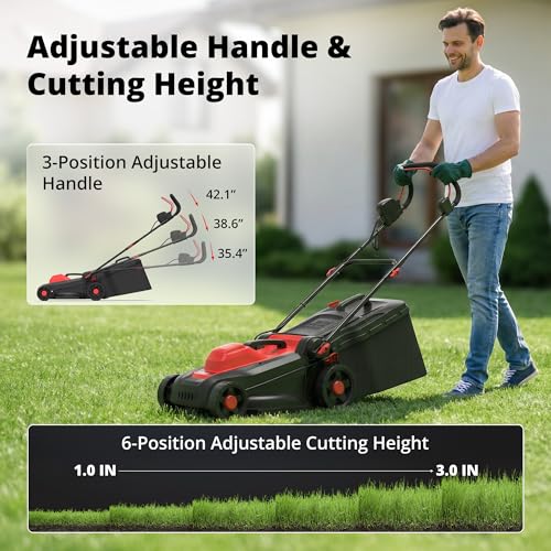 Image of AMERISUN 14-Inch 2IN1 Electric Lawn Mower, 12.5 Amp 3400RPM Corded Push Mower with 6-Position Height Adjustment, 10-Gallon Grass Catcher & Mulching Kit, Lightweight Lawn Mower for Small /Medium Yards