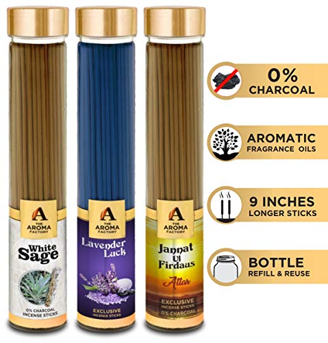 Image of The Aroma Factory White Sage,Lavender & Attar Jannat Ulfirdaus Agarbatti for Pooja,Luxury Incense Sticks,100% Herbal Fragrance (Bottle Pack of 3x100g)