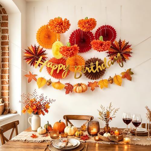 Image of SUNBEAUTY Fall Party Decorations Orange Birthday Decorations Hanging Paper Fan Pumpkins Paper Pom poms Maple Leaves Happy Birthday Banner for Thanksgiving Autumn Harvest Classroom Office Party