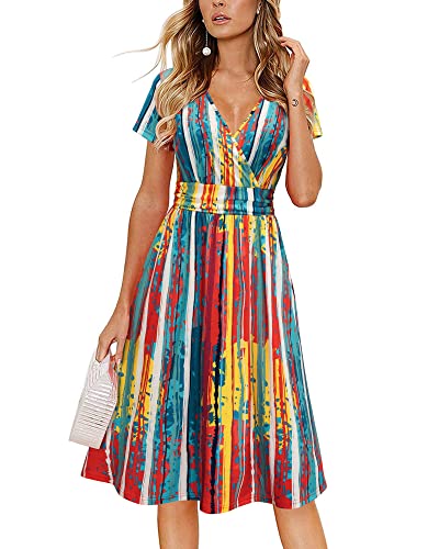 Image of Newshows Womens Summer Short Sleeve Casual Dresses V Neck Floral Vacation Sundress Faux Wrap Midi Dress with Pockets