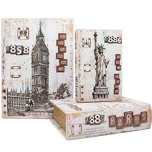 Jolitac Decorative Book Boxes World Map Pattern Antique Book Invisible box with Magnetic cover, Faux Wood Set of 3 Storage Set (Architecture)