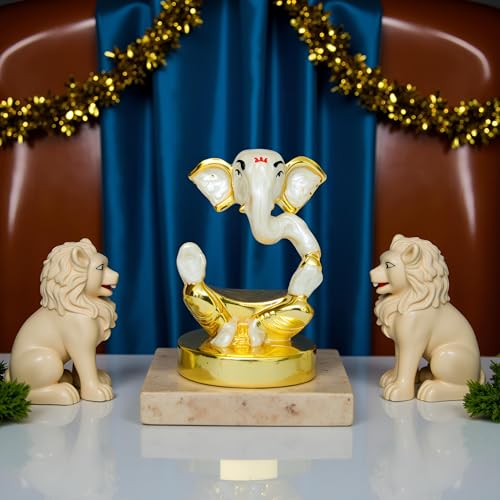 Image of Pearl White Divine Ganesha | Lambodara Ganpati Idol for Car Dashboard, Office Desk & Home Temple| Lambodara Murti for Prosperity & Blessings |Gold Plated Statue| Height 1.9 Inch