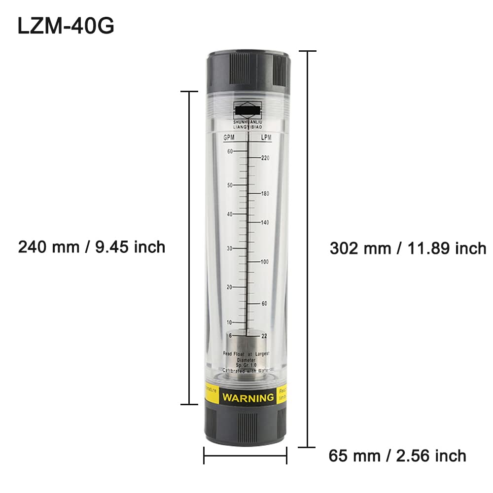 Caudalímetro líquido tipo tubo, 6-60 GPM y 20-240 LPM Rotámetro de agua de alta precisión para análisis La tasa de líquido medio, LZM-40G (rosca interna de 1-1/2 pulgadas)