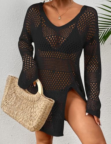 Bsubseach Long Sleeve Swimsuit Cover Up Sexy V-Neck Crochet Beach Cover Up High Side Slits Womens Bathing Suit Coverups Black