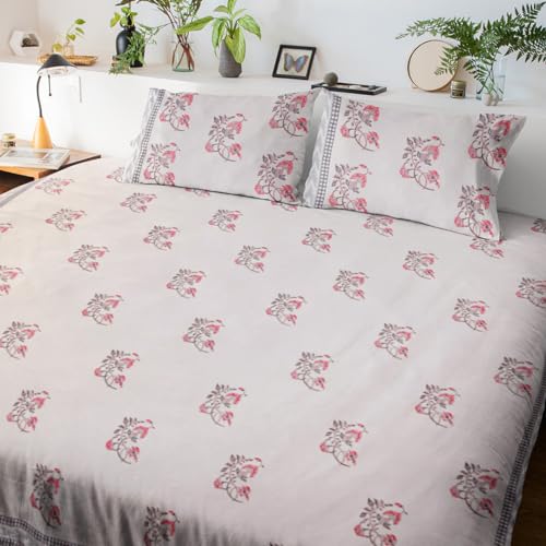 Image of Bahar Premium Hand Block Printed Bedsheet | Bed Sheet Flatsheet | Pure Cotton | Double Bed King Size 108 inchx108 inch | 300 TC Bedsheets | Includes 2 Pillow Covers | Floral Spread
