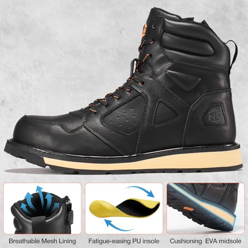 Image of NINGO Steel Toe Boots for Men, Comfortable Water & Slip Resistant Mens Work Boots with Side Zipper, Electrical Hazard Protection Heavy Duty Safety Shoes for Industrial Construction Outdoor Warehouse