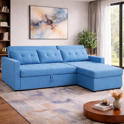 Image of Emilio 4 Seater RHS L - Shape Pull-Out Sofa Cum Bed Sofa for Living Room (Turquise Fabric Color) Premium Fabric Sofa Set for Living Room Sofa Cum Bed