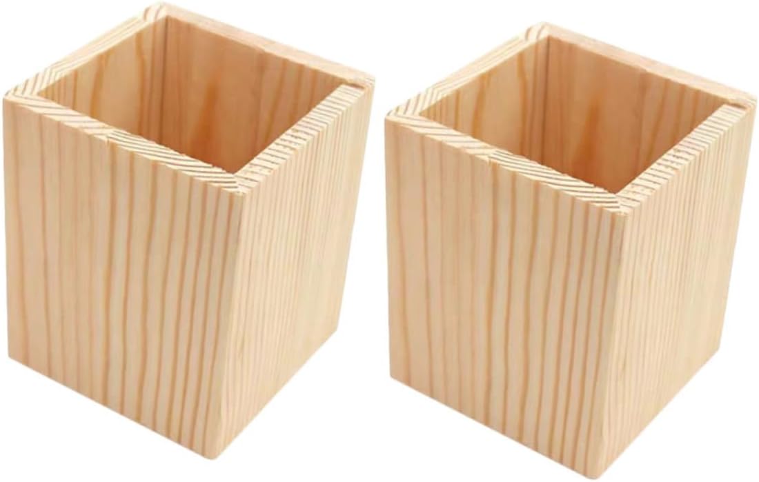 Wooden Pen Holder Square Pencil Cup Desk Organizer 3.12X3.12X3.9In Unique Geometric Design for Office Home School Workspace Storage