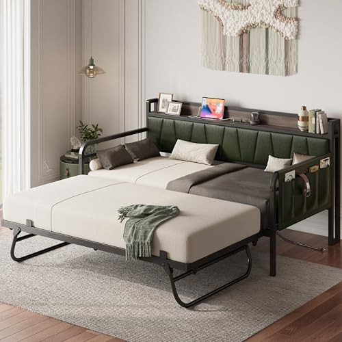 Image of LIKIMIO Twin Daybed, Day Bed with Trundle, Storage Upholstered Headboard and Charging Station, Trundle Bed with Strong Supports for Living Room, Bedroom, and Guest Room, Dark Green
