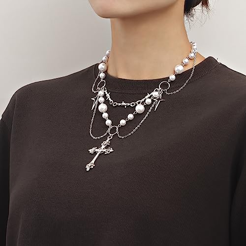 Vintage Pearl Cross Necklace - Floral Gothic Layered Choker - Gift for Women & Teens3