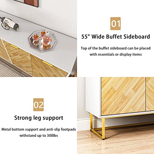 Modern Sideboard Buffet Cabinet, 55’’ Kitchen Buffet Storage Cabinet With Doors, White Sideboards And Buffets With Storage, Sideboards Storage Cabinet With Gold Metal Legs, Credenzas For Living Room #TOP4