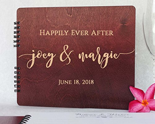 Wooden Wedding Guest Book Personalized (11"x8.5", Mahogany Stain) Wood for Bride and Groom
