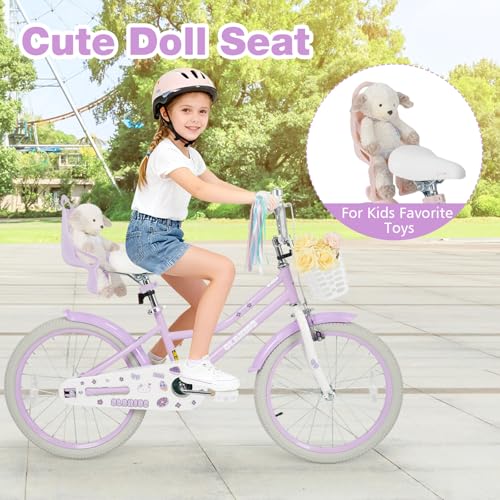 Image of Olakids Kids Bike, 12 14 16 18 20 Inch Girls Bicycle with Doll Seat Basket Adjustable Seat and Handlebar, Handbrake and Coaster Brake