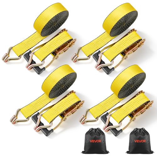 VEVOR Ratchet Tie Down Straps (4-Pack), 10000 lb Break Strength, Heavy Duty Double J Hooks, 2" x 27' with Padded Handles - Ideal for Moving, Securing Cargo, Appliances, Lawn Equipment, and More