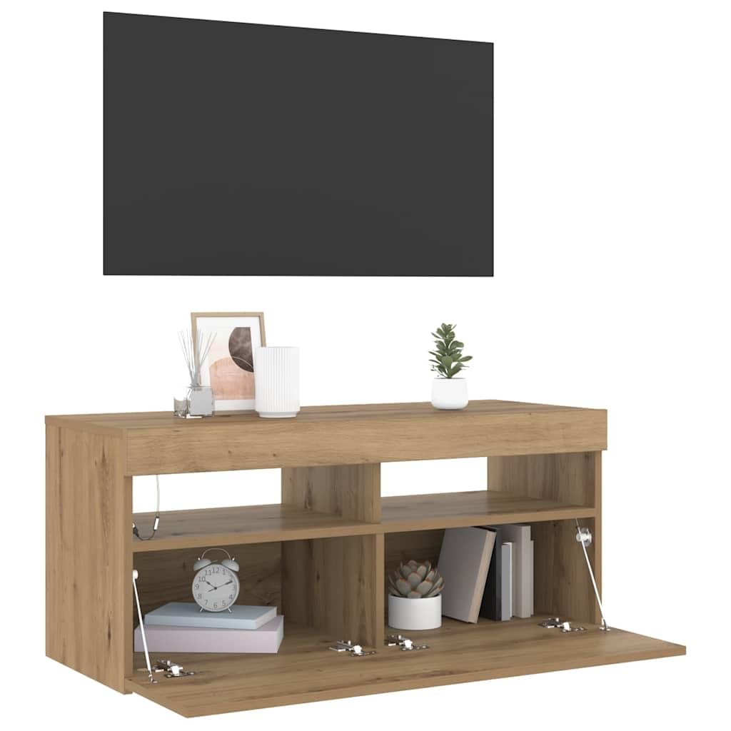 Mueble de TV de roble Artisan, 90 x 35 x 40 cm, madera con LED RGB, mueble de TV, diseño moderno, robusto y con espacio de almacenamiento, para salón, dormitorio, pasillo