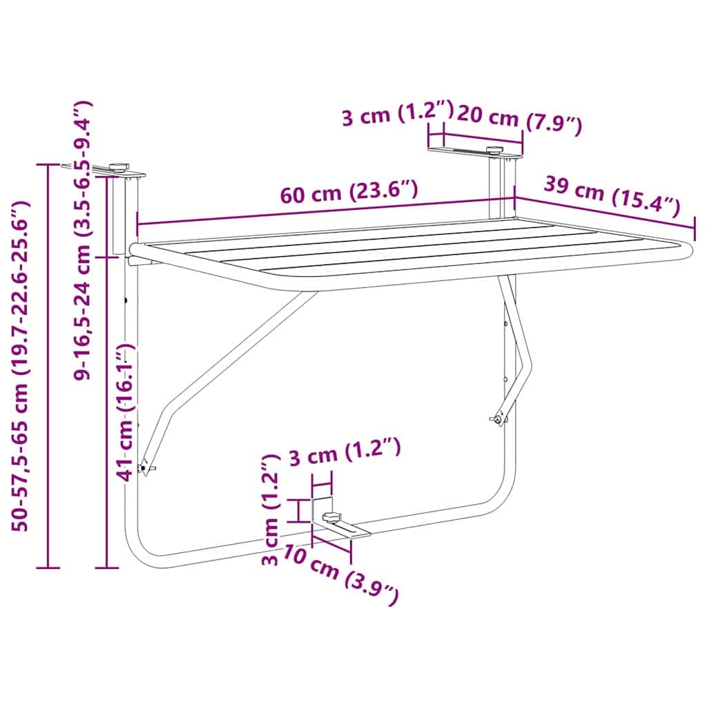 vidaXL Hängender Balkontisch Senf 60 x 39 x 65 cm Stahl