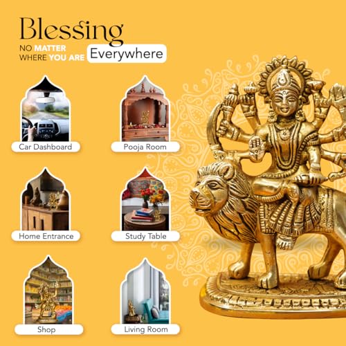 Image of Ekhasa 100% Pure Brass Durga Maa Idol (Size: 14 cm) | Durga MATA Murti for Home Decor & Puja Room | MATA Rani for Office Desk | Maa Durga for Gift | Sherawali Murti