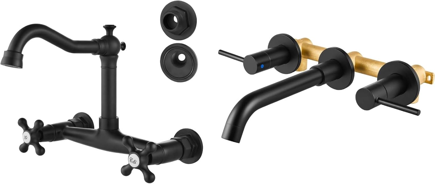 Airuida Matte Black Wall Mounted 8 Inches Center Kitchen Sink Faucet Wall Mount Faucet Dual Handle with 3 Hole Lavatory Faucet