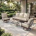 PHI VILLA Patio Furniture Set, Upgraded Wicker & Metal Outdoor Conversation Sets Patio Sofa with 5.5" Thick Cushions and Coffee Table for Porch, Poolside, Yard (4 Pieces, Beige Cushion)