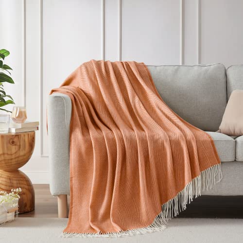 Bourina Decorative Herringbone Faux Cashmere Fringe Throw Blanket Lightweight Soft Cozy For Bed Or Sofa Farmhouse Outdoor Throw Blankets, 50" X 60" Orange #TOP1