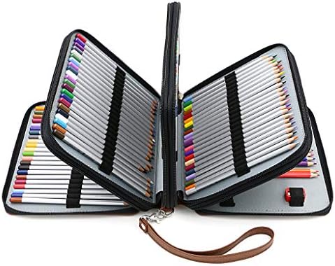 BTSKY®Colored Pencil Case Holder- Big Capacity Deluxe PU Leather Storage Pencil Organizer Holds 160 Pencils with Handle Strap for School College Office Watercolor Pencils Organization(Brown)