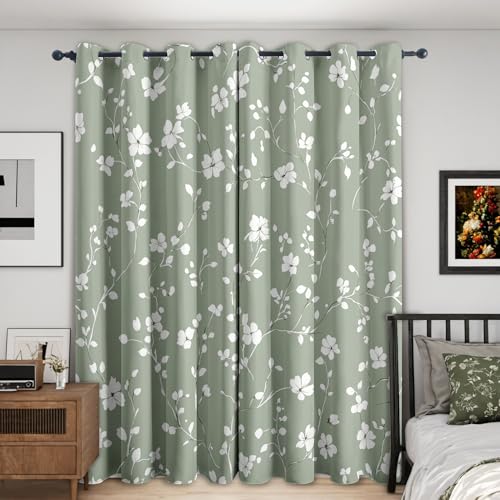 Sage Green Floral Blackout Curtains 66x90 Inch Eyelet Thermal Drapes for Bedroom & Living Room 2 Panels Flower Leaf Window Treatments Elegant Home Décor