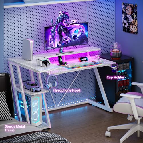 Image of Korfile 47 Inch White Gaming Desk with Power Outlet & LED Lights, Corner Computer Desk with 3 Tiers Storage Shelves, L Shaped Gaming Desk with Monitor Stand for Bedroom