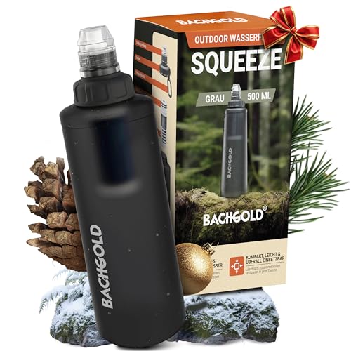 Bachgold® Squeeze Wasserfilter Outdoor – ultraleichter Wasserfilter (Grau) mit 500 L Kapazität | entfernt Bakterien, Viren & Mikroplastik | für Camping, Survival, Notfall, Bushcraft (Grau, 500 ml)