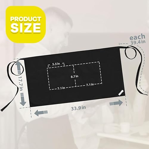 Miniatura 2 de Delantal negro con 3 bolsillos de 22 pulgadas de largo para camarera bistró delantales de media cintura para mujeres y hombres impermeables