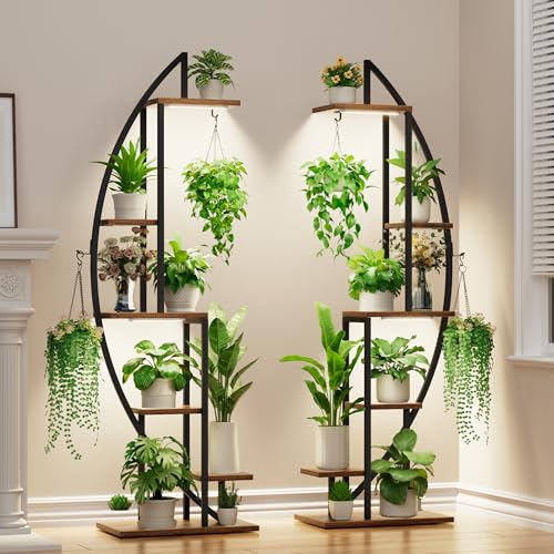 BACEKOLL Plant Stand Indoor with Grow Lights, 6 Tiered Tall Plant Shelf, 63' Metal Plant Stand for Indoor Plants Multiple, Half-Moon Plant Rack Display Shelf, 2 Pcs Plant Holder for Living Room, Patio