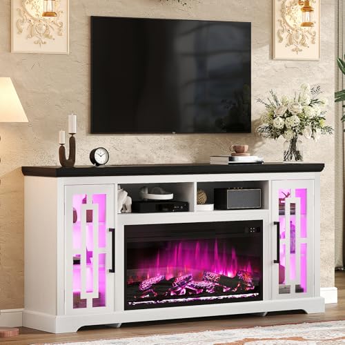 70 Farmhouse Large Fireplace TV Stand for 80 Inch TV LED Media Entertainment Center with 37 Fireplace Rustic TV Console Storage Cabinet with Adjustable Shelf for Living Room Antique White