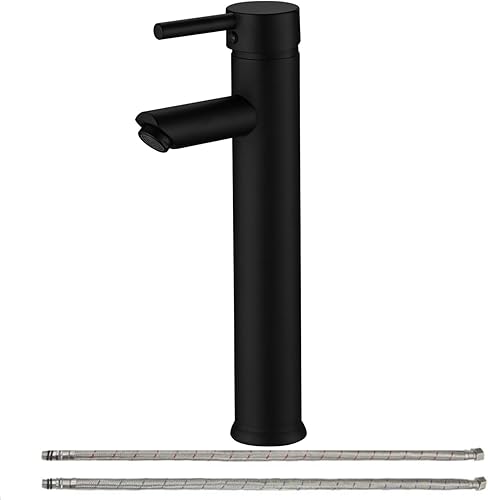 Grifo de baño de recipiente negro mate, grifo de lavabo de baño, moderno cuerpo alto de un solo mango, grifos de baño de un agujero, boquilla