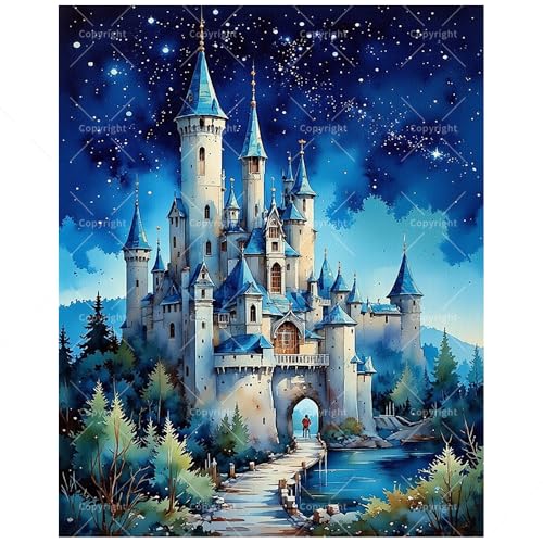 Enchanted Castle Paint by Numbers Kit for Adults - DIY Blue Fantasy Castle Blue Starry Sky Painting on Canvas 8x12In, Framed Acrylic Paint Set for Beginners, Magical Art for Home Decoration or Gifts