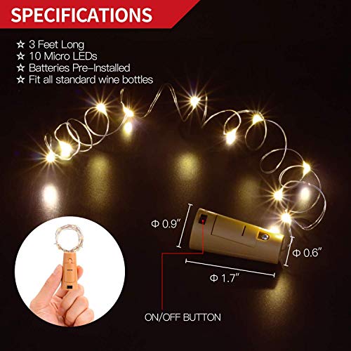 Image of One94Store 20 LED Wine Bottle Cork Copper Wire String Lights - 2M Battery Operated Warm White, Pack of 10 for Romantic Decor, Valentine Day Gift