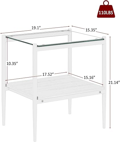Miniatura 5 de Juego de mesa auxiliar y mesa auxiliar de 3 piezas, marco de metal blanco, mesas auxiliares superiores de vidrio, estante superior cuadrado, mesas