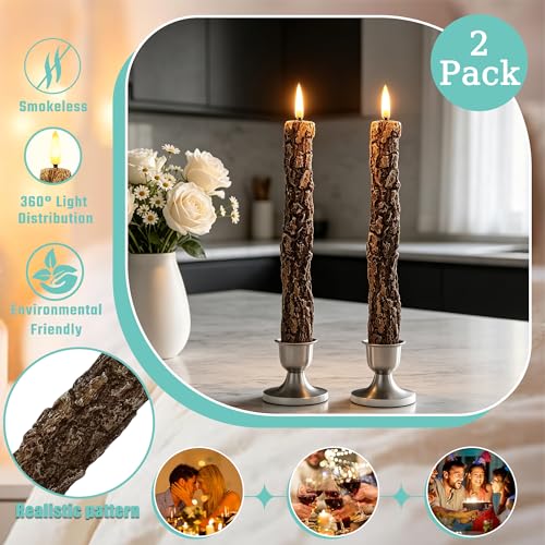 Image of LED 9.84 inch Flameless Taper Candles with Tree Bark Effect Battery Operated Real Wax Flickering Candlesticks with Remote Control and Timer Rustic Primitive Lights Decor Vintage Candles, Pack of 2